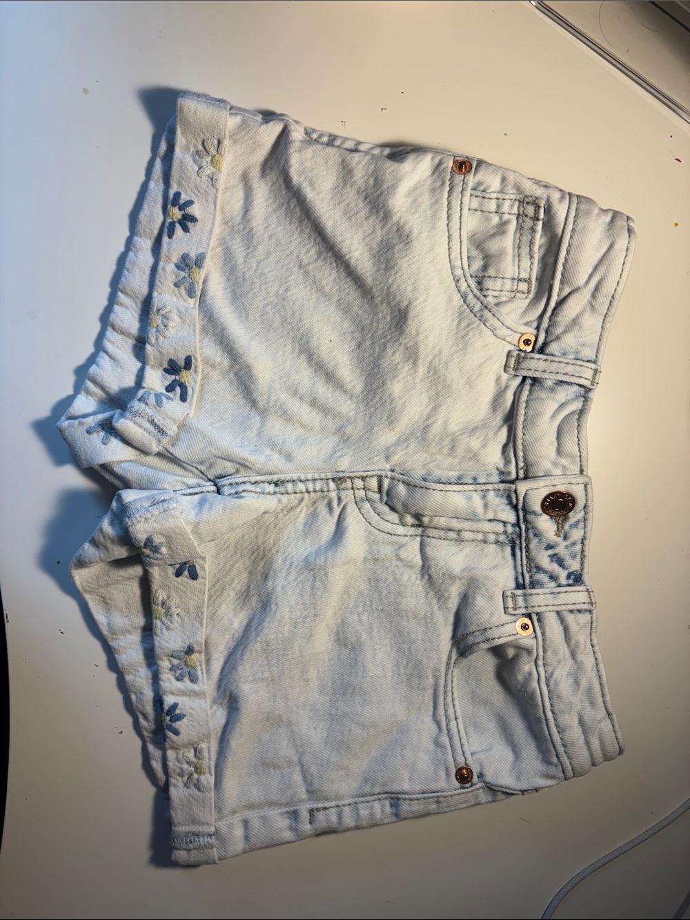 Light blue Denim Shorts with Embroidered Floral Hem